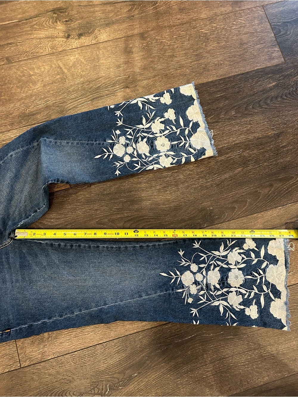 Pilcro Blue Denim Ankle Jeans with White Floral Embroidery, High Rise Flare, 27 - Picture 6 of 11